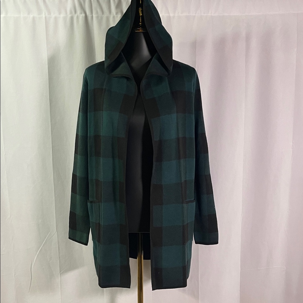 NWT Adrienne Vittadini Green & Black Buffalo Check Plaid Hooded Cardigan